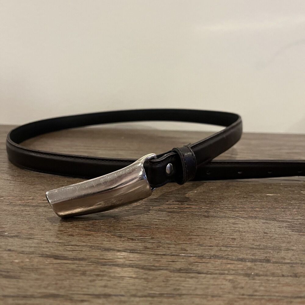 90's Chic Shiny Silver Abstract Hook Buckle Skinny Black Belt Size 16  Adjust